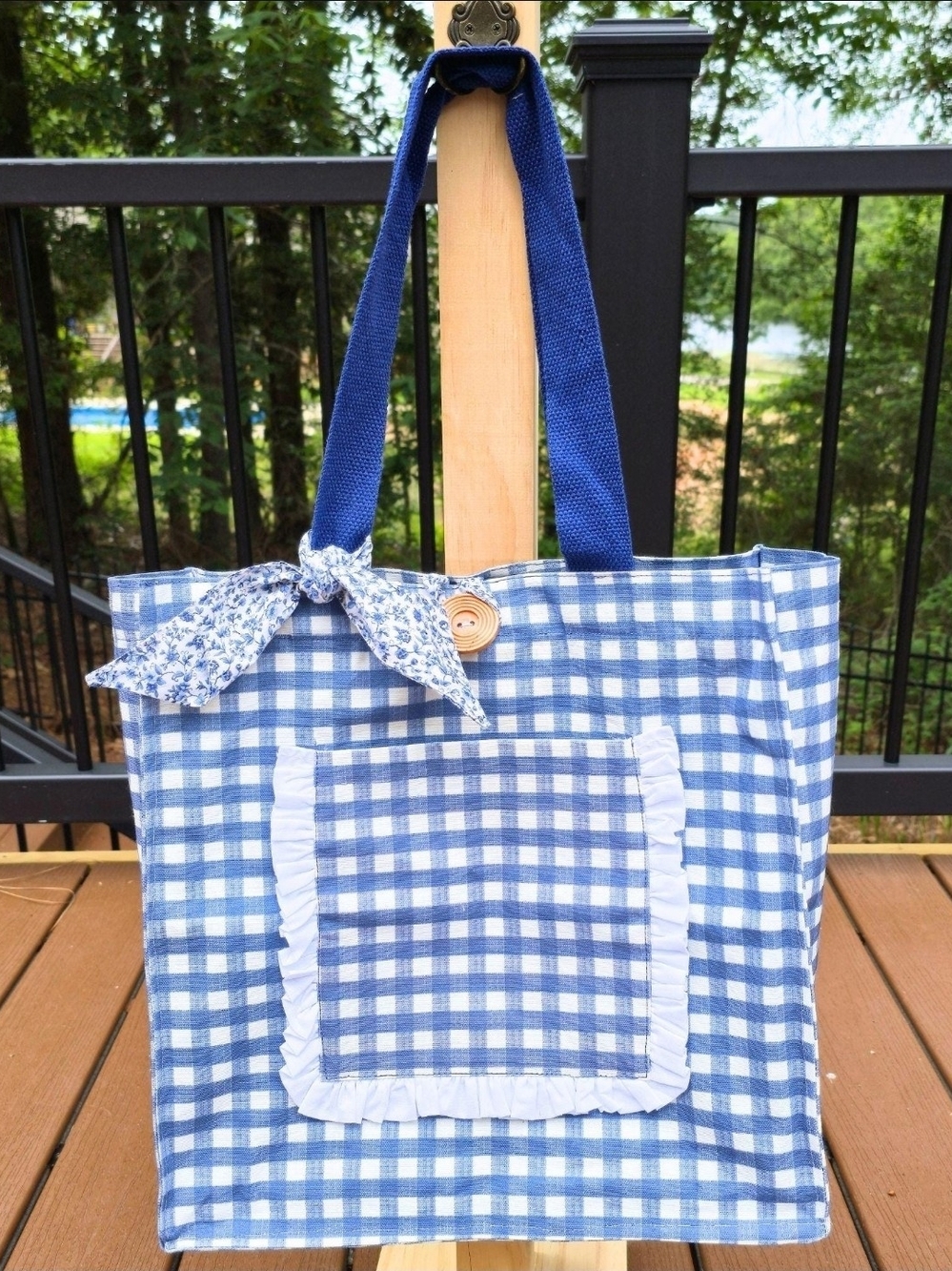 Blue Gingham Tote Bag with Navy Handles and Front Pocket